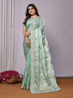 Blue Satin Silk Embroidered Saree With Stitched Blouse - Nimaya Kaksha