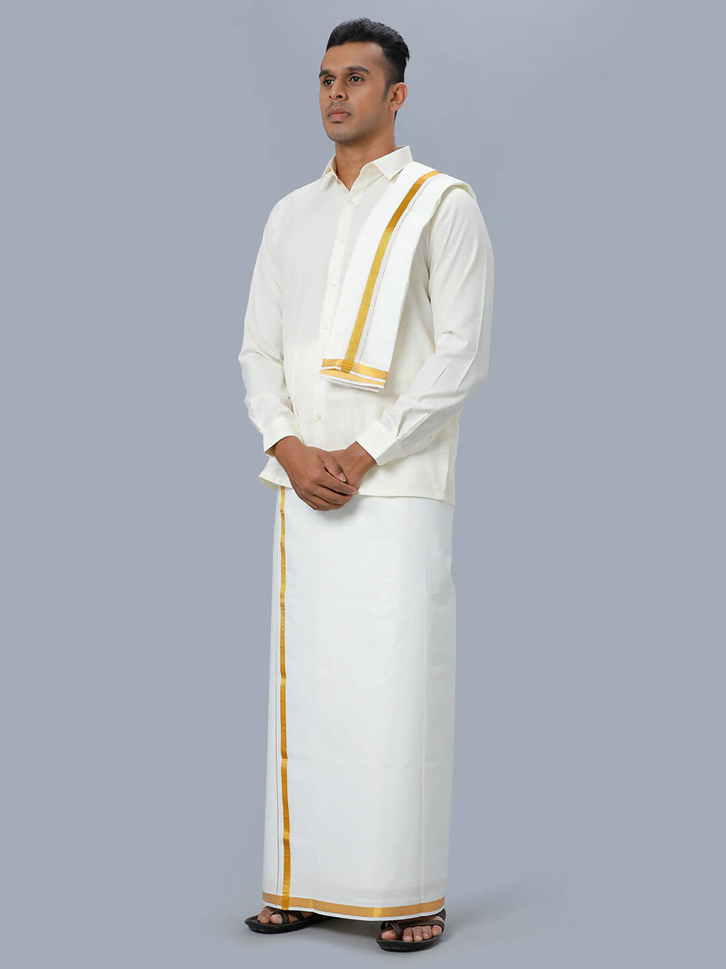 Ramraj Cotton Mens Wedding Cream Regular Dhoti, Shirt & Towel Set Subhakalyan 3/4"