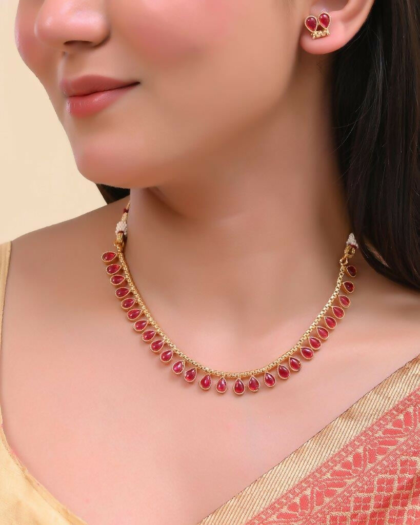 VOJ Gold-Polished Maroon Stone Studded Jewellery