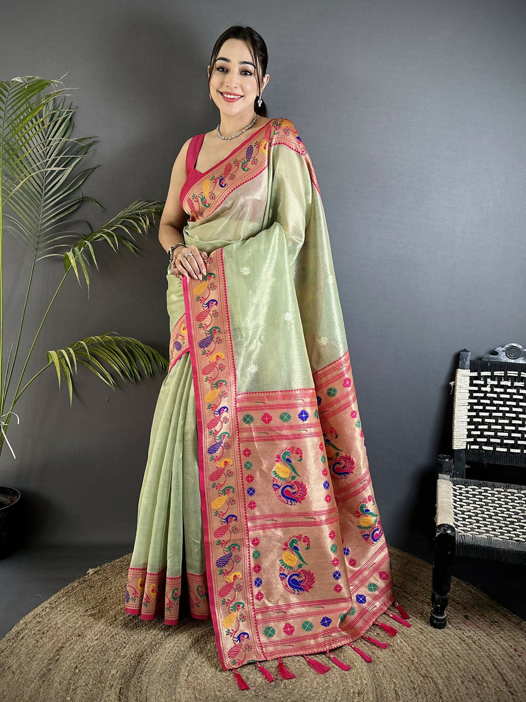 Joban Fashion Pista Green Zari Weaving Tissue Paithani Saree