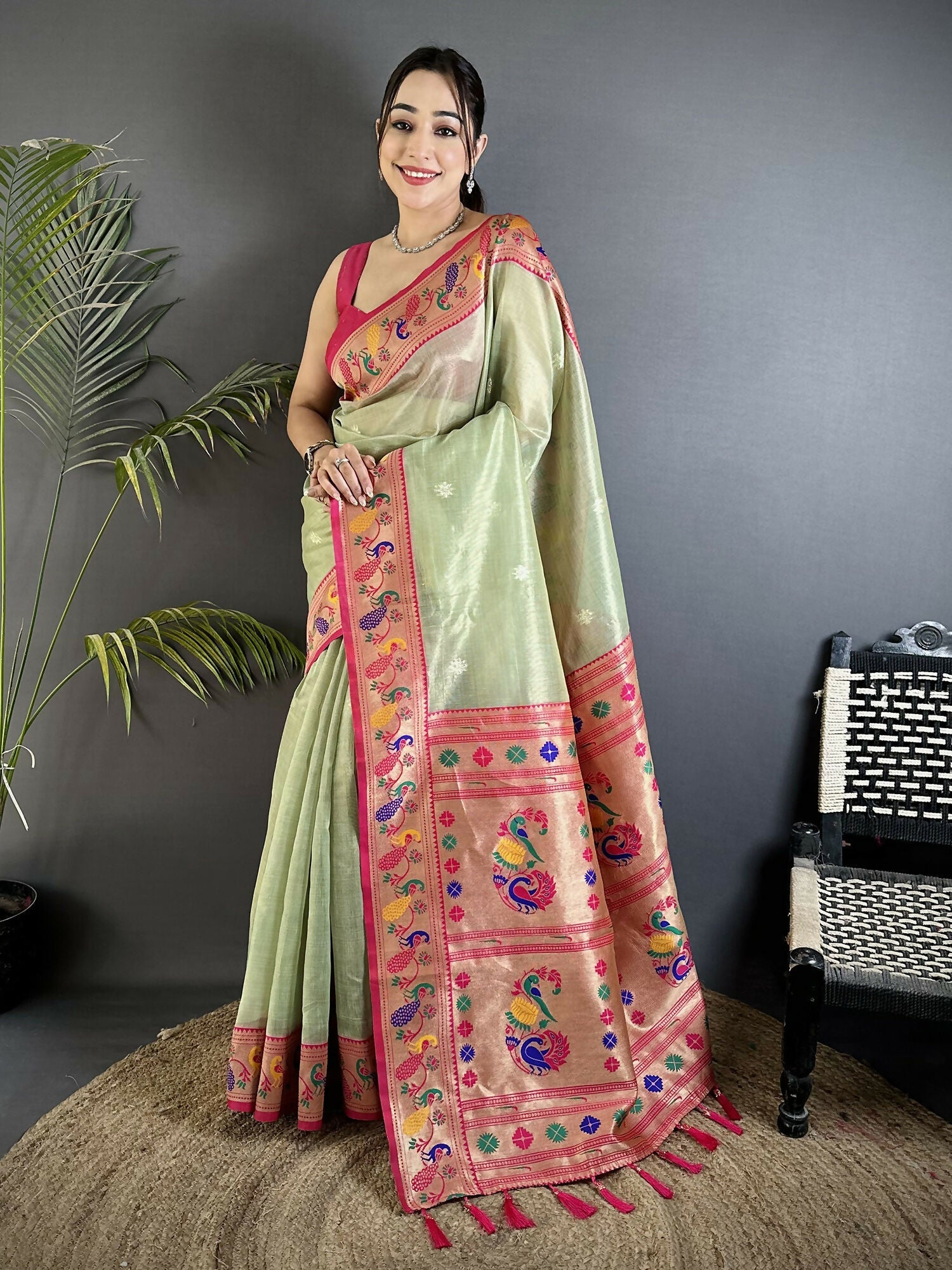 Joban Fashion Pista Green Zari Weaving Tissue Paithani Saree