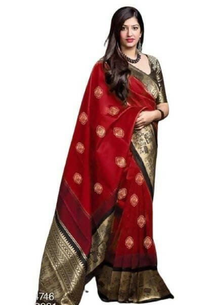 DEIANA'S Beautiful Designer Golden zari Soft Lichi Silk Saree - Red