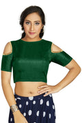 Aastha Fashion Women's Green Art Silk Cold Shoulder Sleeve Readymade Blouse