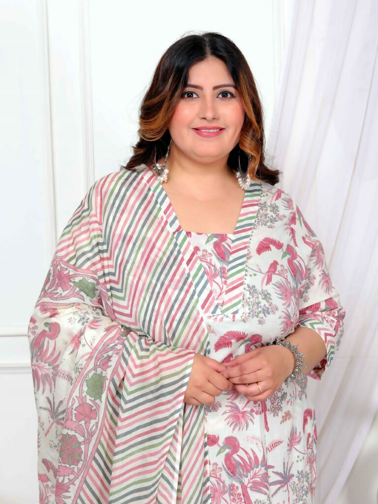 Miravan Women's Plus Size Cotton Light Pink Scenic Birds And Leaf Floral Printed Straight Pakistani Style Suit Set