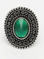 NVR Women's Green Silver-Toned German Silver Adjustable Finger Ring