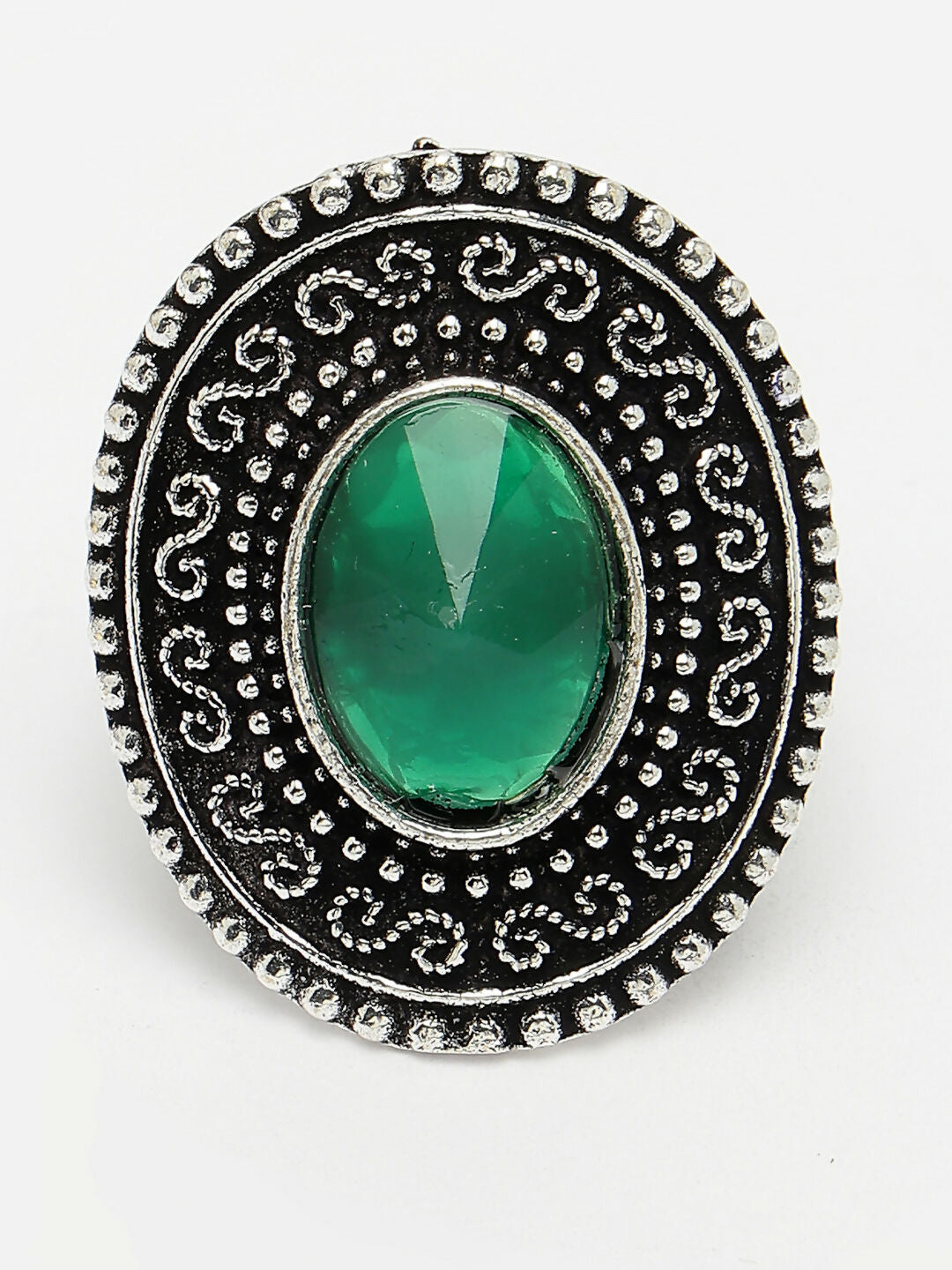 NVR Women's Green Silver-Toned German Silver Adjustable Finger Ring