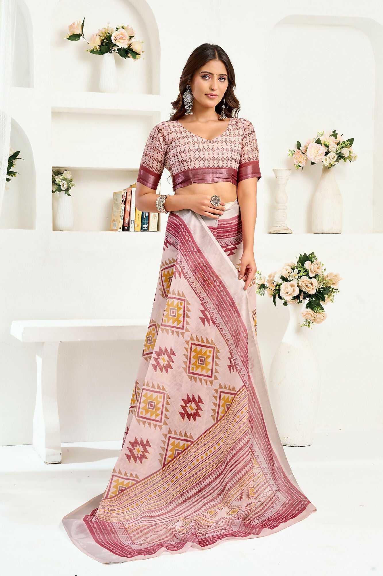 Vastranavya White Maroon Digital Printed Linen Ready To Wear Designer Saree with Unstitched Blouse - Distacart