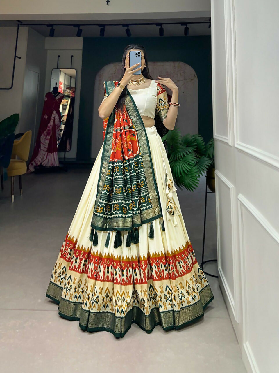 Vastranavya Ethnic Wardrobe with Our Stunning Patola Printed and Foil Work Tussar Silk Lehenga with Unstitched Choli - Off White