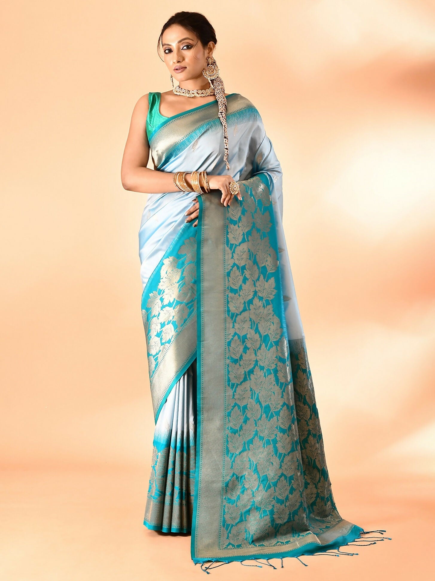 Joban Fashion Sky Blue & Rama Plain With Weaving Border Banarasi Silk Sarees