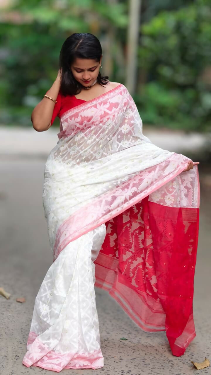 Exclusive Collection White Red White Red Jamdani Saree - Distacart