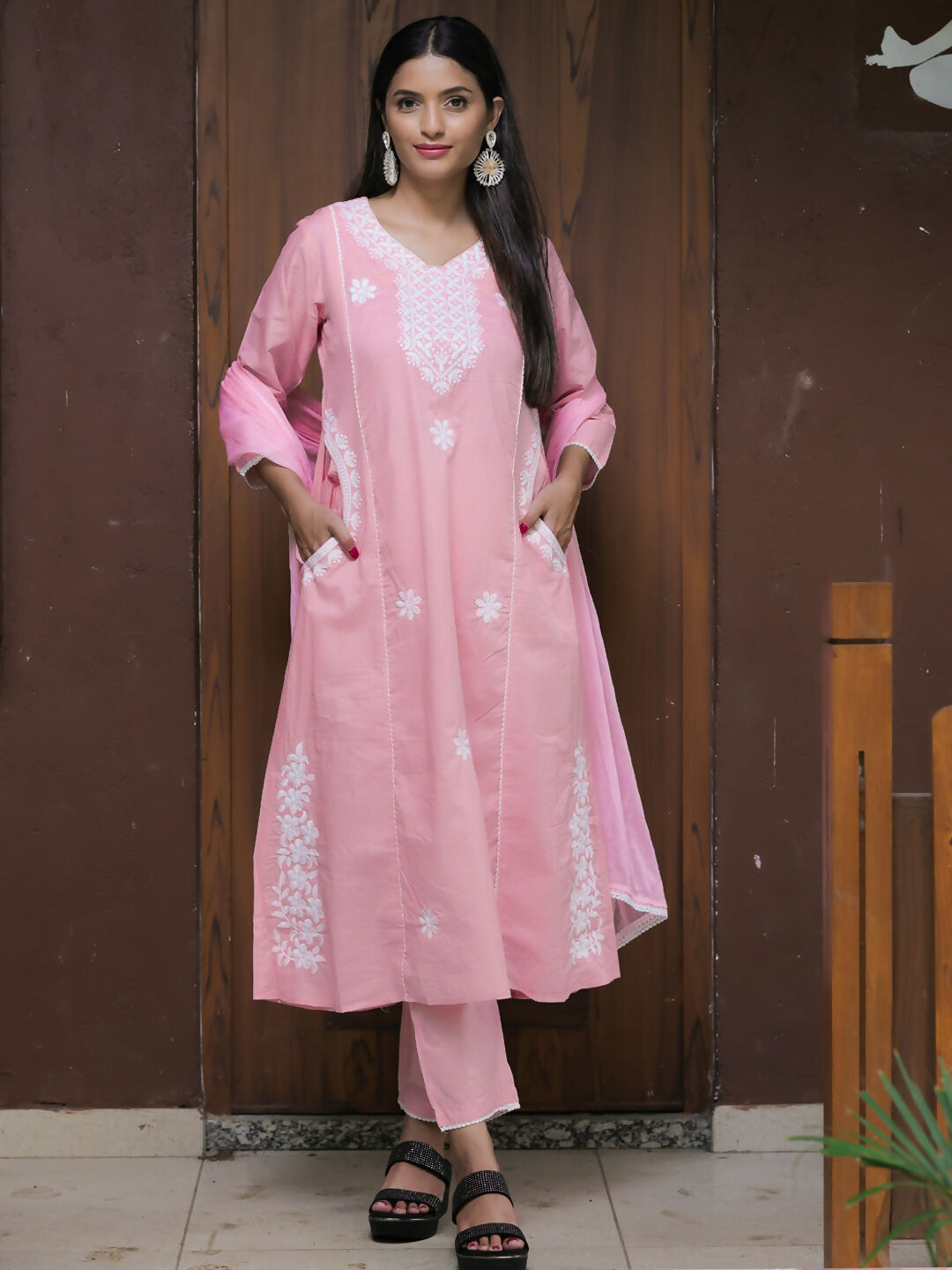 The52 Women's Beautiful Thread Work Cotton satin Fabric Flared Kurta Pant and Dupatta Set - Distacart