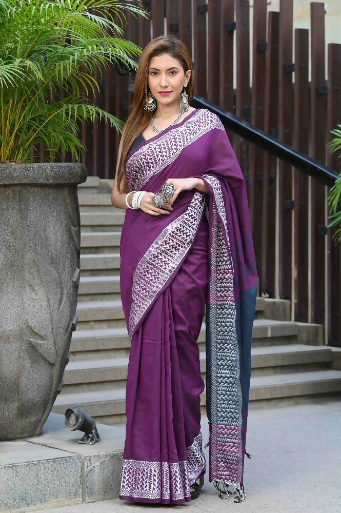 Beatitude Purple Cotton Jacqaurd Border Tangail Handloom Saree