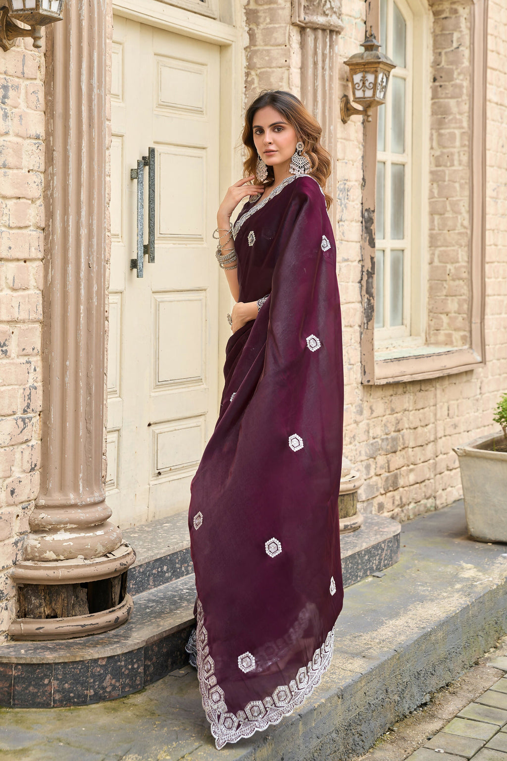 Vastranavya Wine Embroidery Work Shimmer Chiffon Saree with Unstitched Blouse - Distacart