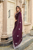 Vastranavya Wine Embroidery Work Shimmer Chiffon Saree with Unstitched Blouse - Distacart