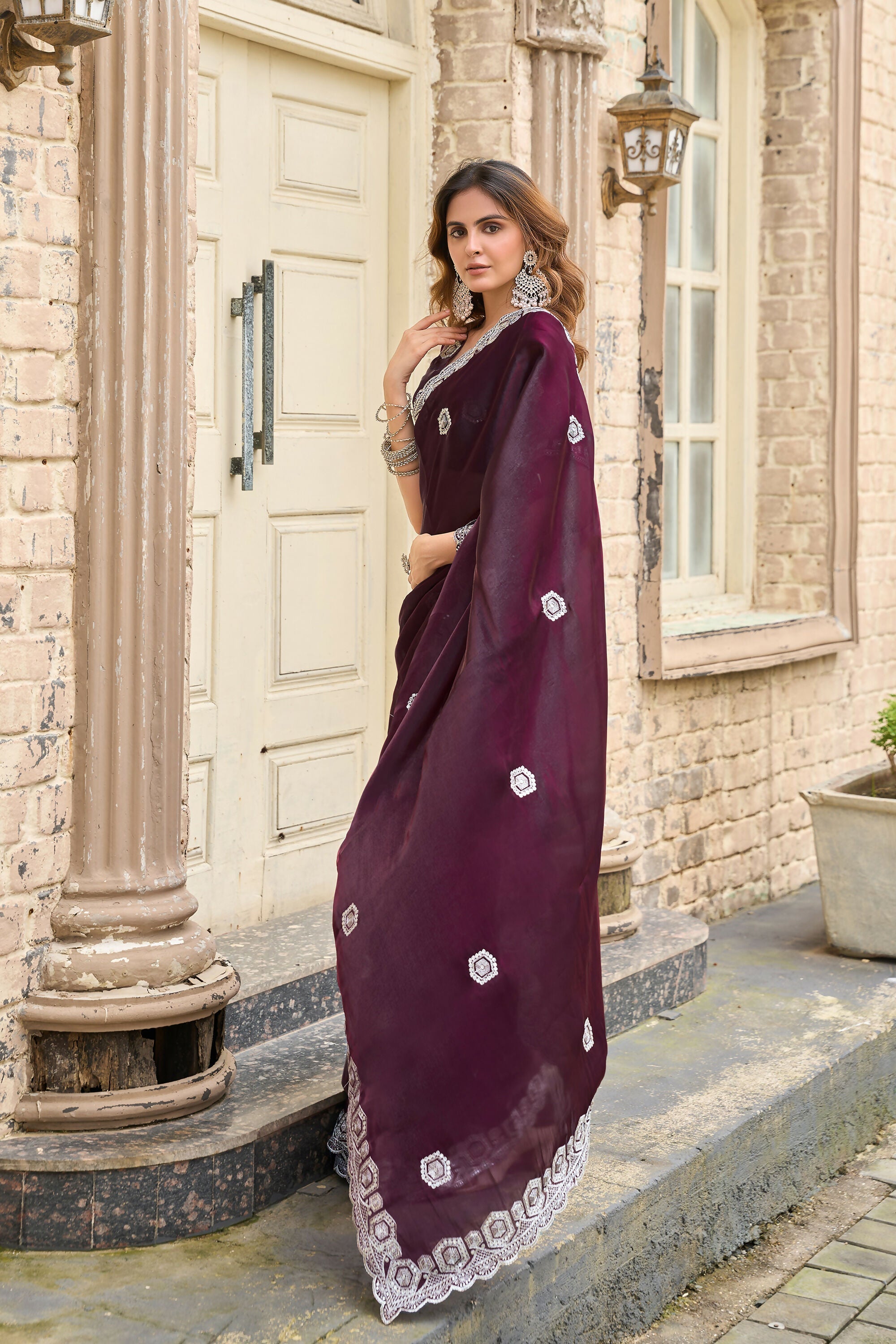 Vastranavya Wine Embroidery Work Shimmer Chiffon Saree with Unstitched Blouse - Distacart