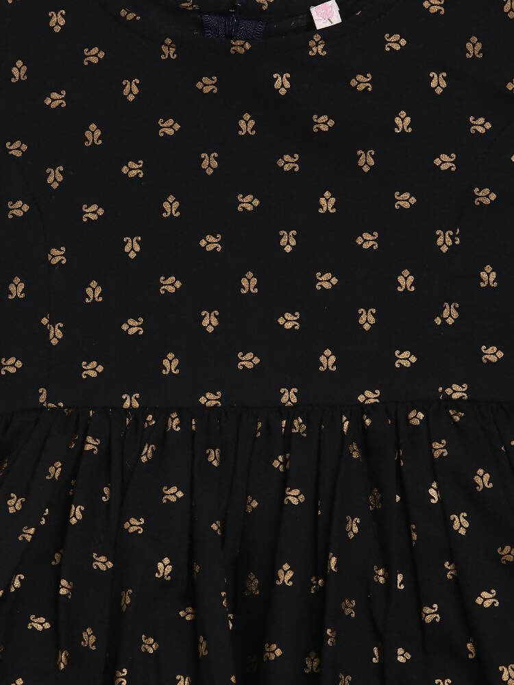 Ahalyaa Black Cotton Gold Print Kids Kurta Sharara Sets For Girls