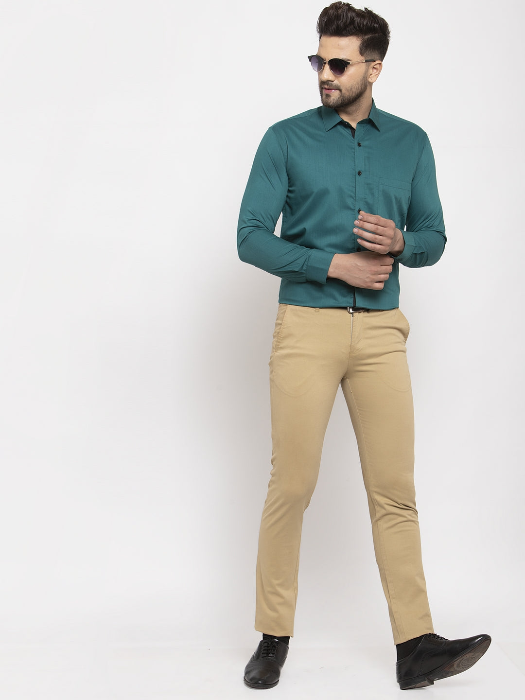 Jainish Teal Blue Formal Shirt with black detailing ( SF 411Teal ) - Distacart