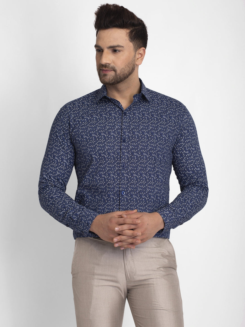 Jainish Navy Blue Printed Formal Shirt ( JSF 426Navy ) - Distacart