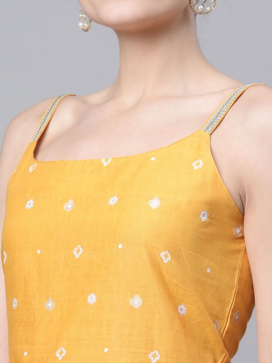 Ahalyaa Women Mustard Pure Cotton Porcian Print Shoulder Straps Tunic - Distacart