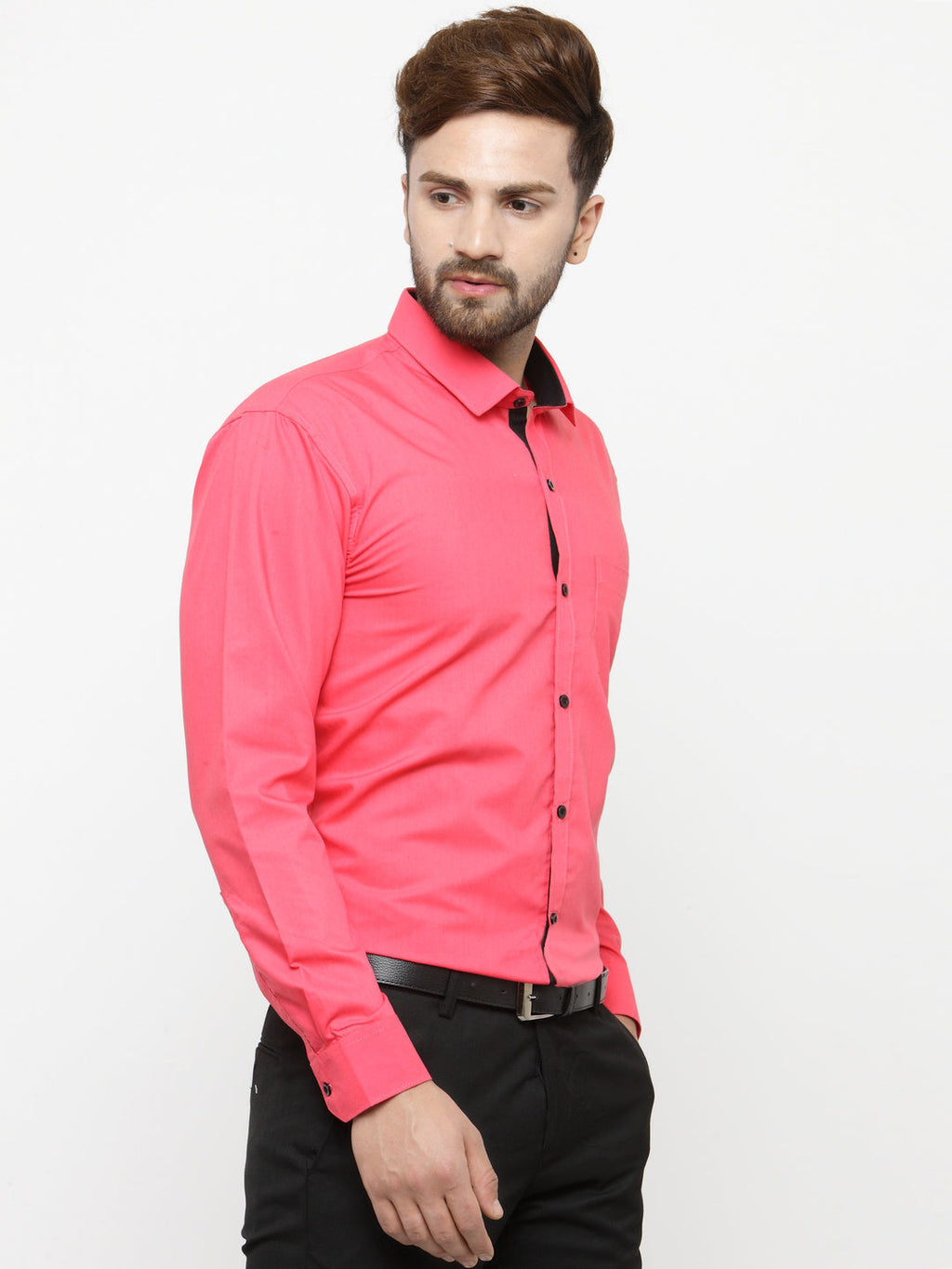 Jainish Coral Red Formal Shirt with black detailing ( SF 411Coral ) - Distacart