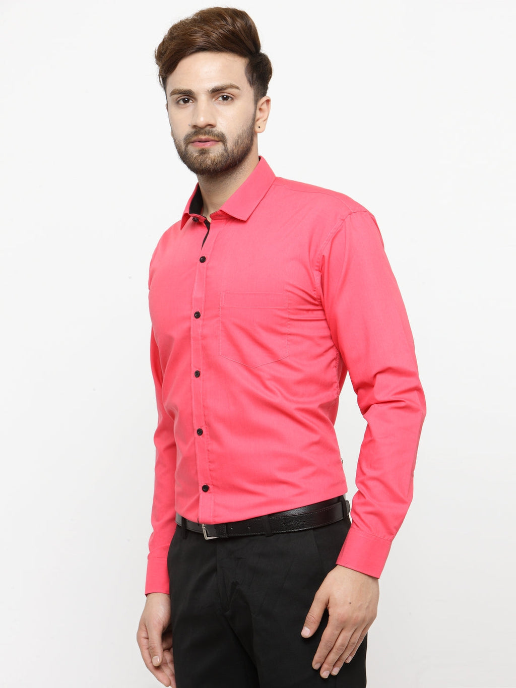 Jainish Coral Red Formal Shirt with black detailing ( SF 411Coral ) - Distacart