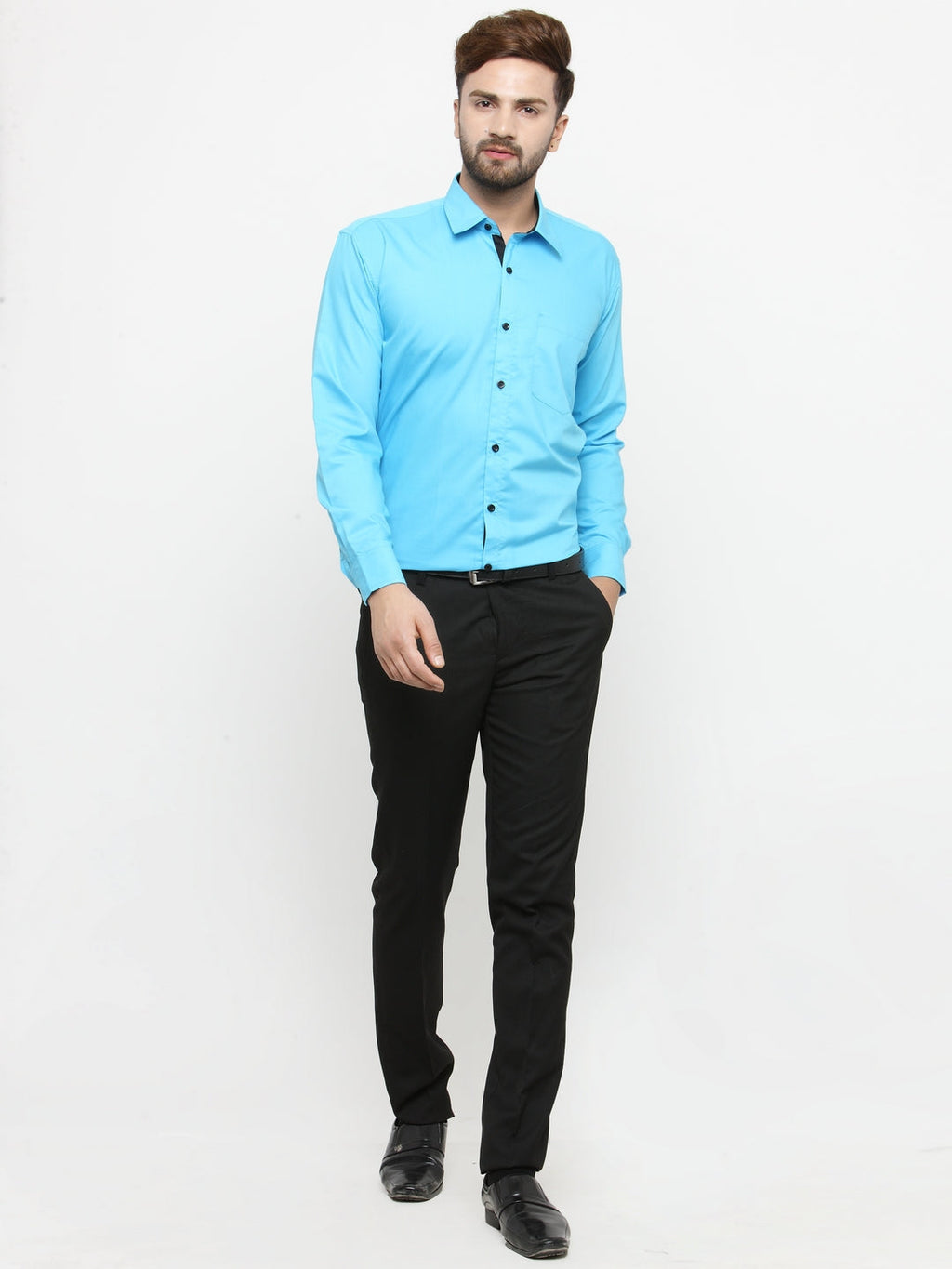 Jainish Sky Blue Formal Shirt with black detailing ( SF 411Sky ) - Distacart