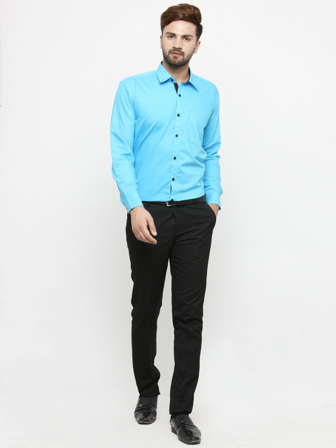 Jainish Sky Blue Formal Shirt with black detailing ( SF 411Sky ) - Distacart