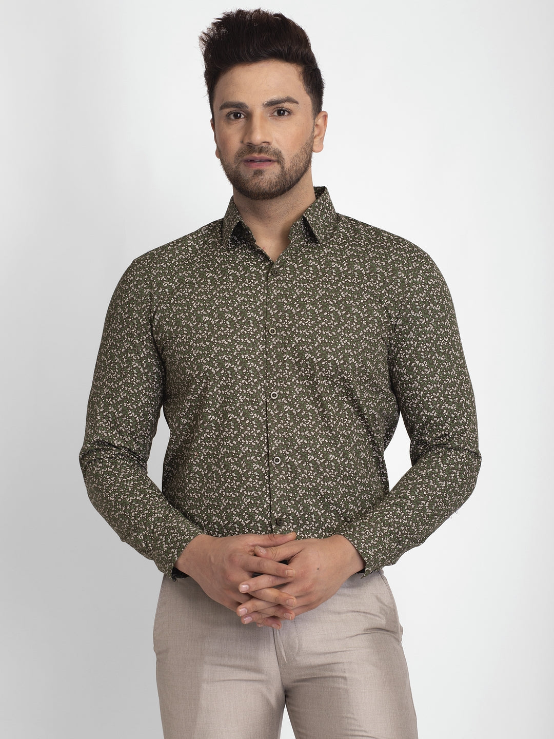 Jainish Olive Green Printed Formal Shirt ( JSF 426Olive ) - Distacart