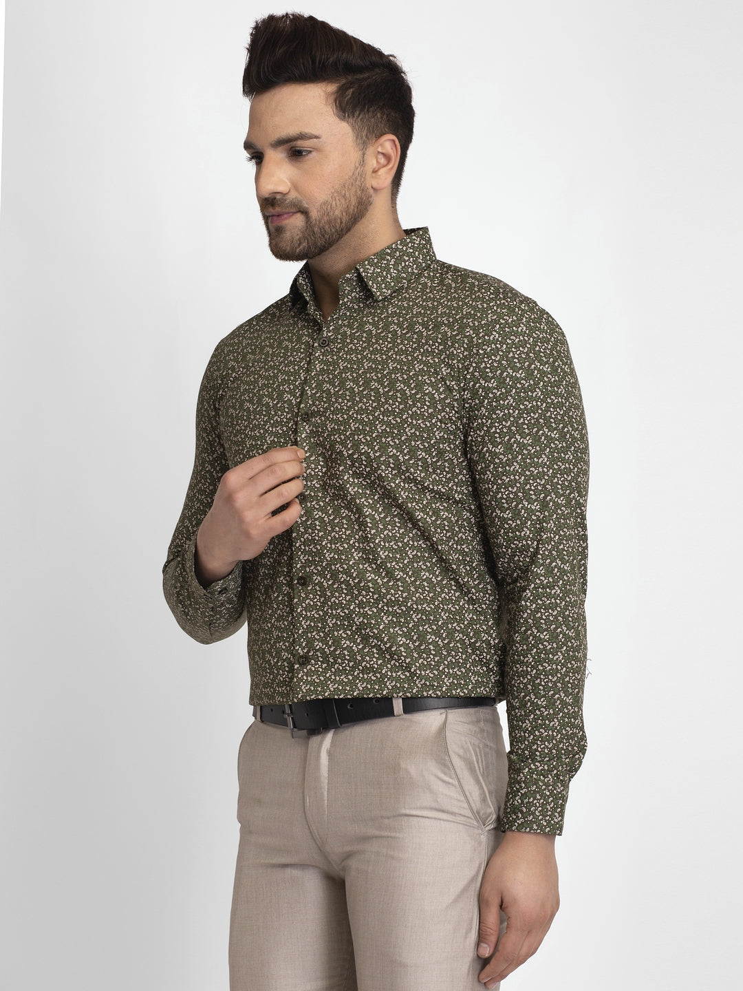 Jainish Olive Green Printed Formal Shirt ( JSF 426Olive ) - Distacart