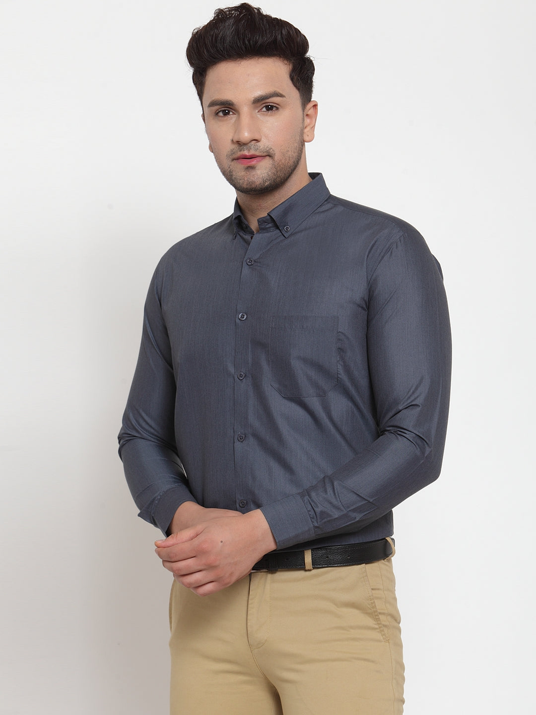 Jainish Grey Men's Cotton Solid Button Down Formal Shirts ( SF 713Grey ) - Distacart