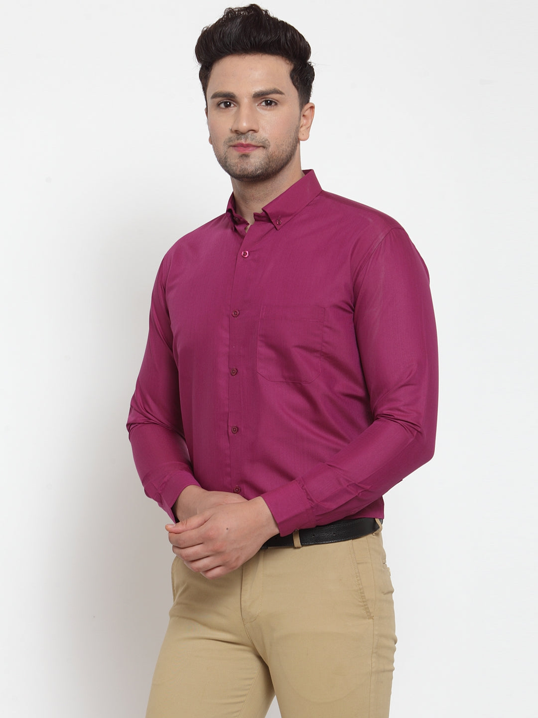 Jainish Red Men's Cotton Solid Button Down Formal Shirts ( SF 713Magenta ) - Distacart