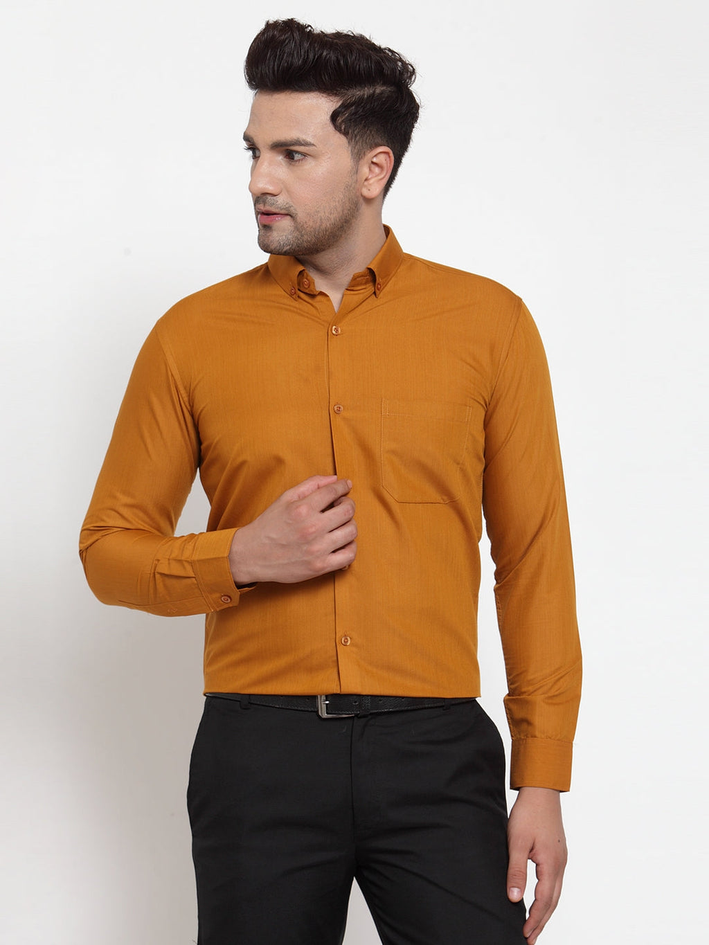 Jainish Yellow Men's Cotton Solid Button Down Formal Shirts ( SF 713Mustard ) - Distacart