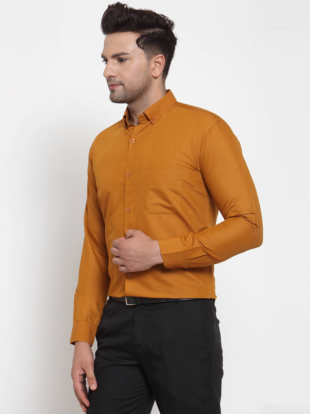 Jainish Yellow Men's Cotton Solid Button Down Formal Shirts ( SF 713Mustard ) - Distacart