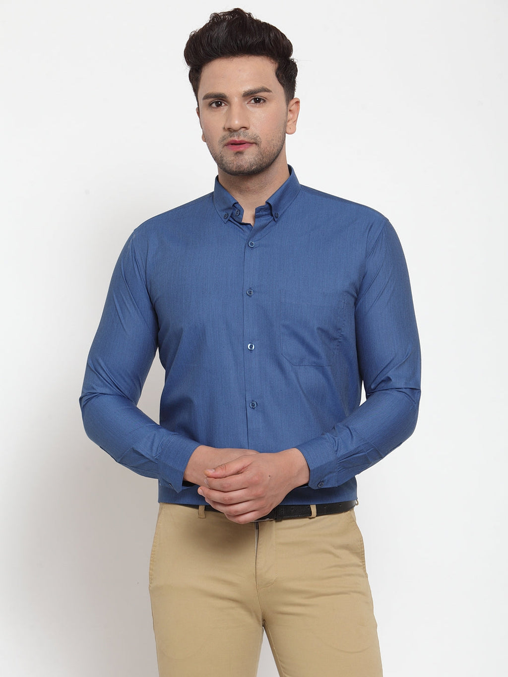 Jainish Blue Men's Cotton Solid Button Down Formal Shirts ( SF 713Peacock ) - Distacart