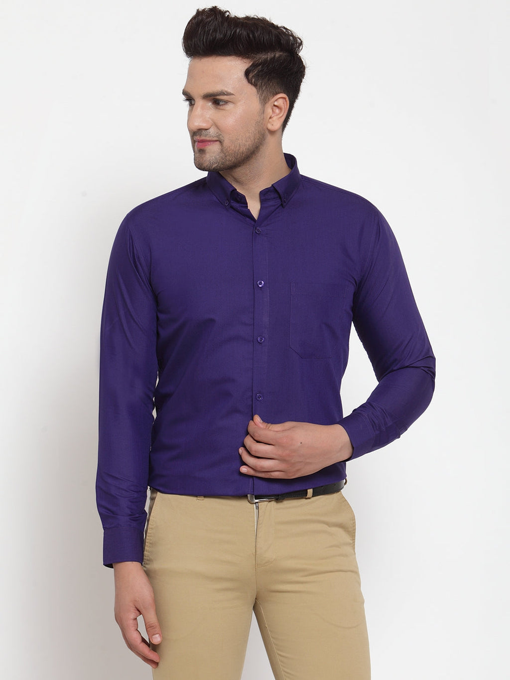 Jainish Purple Men's Cotton Solid Button Down Formal Shirts ( SF 713Purple ) - Distacart