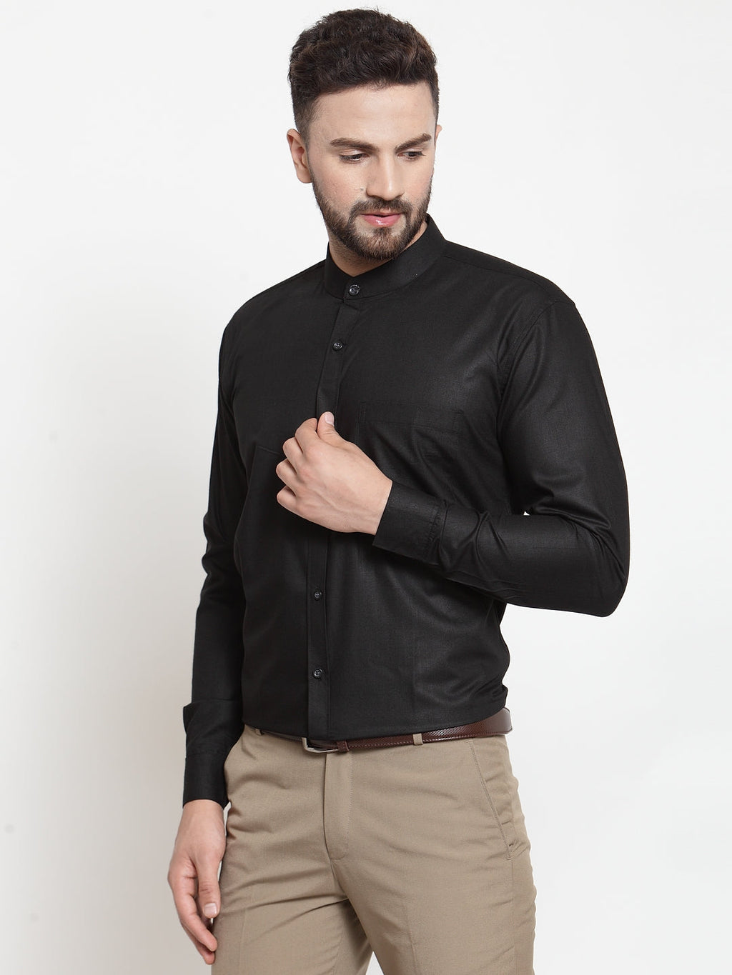 Jainish Black Men's Cotton Solid Mandarin Collar Formal Shirts ( SF 726Black ) - Distacart