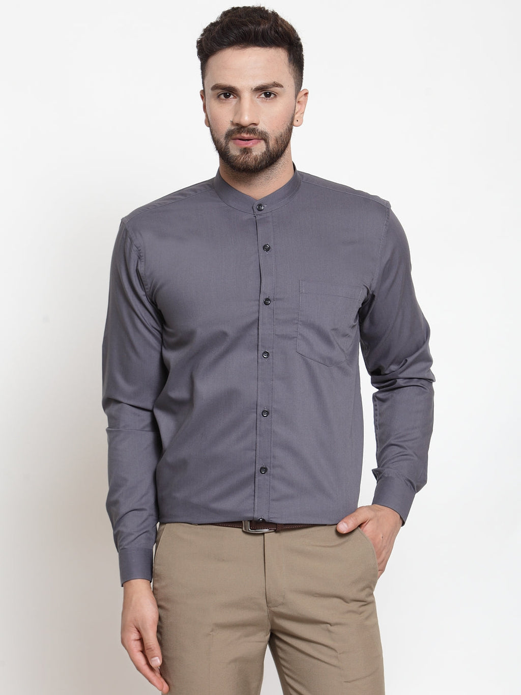 Jainish Grey Men's Cotton Solid Mandarin Collar Formal Shirts ( SF 726Grey ) - Distacart