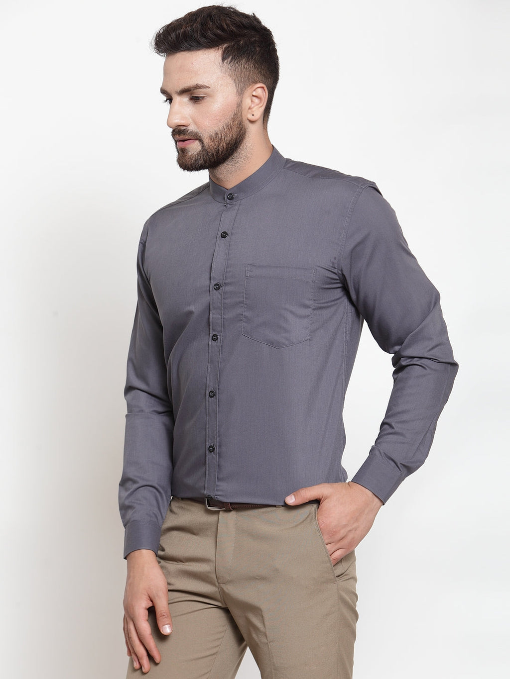 Jainish Grey Men's Cotton Solid Mandarin Collar Formal Shirts ( SF 726Grey ) - Distacart