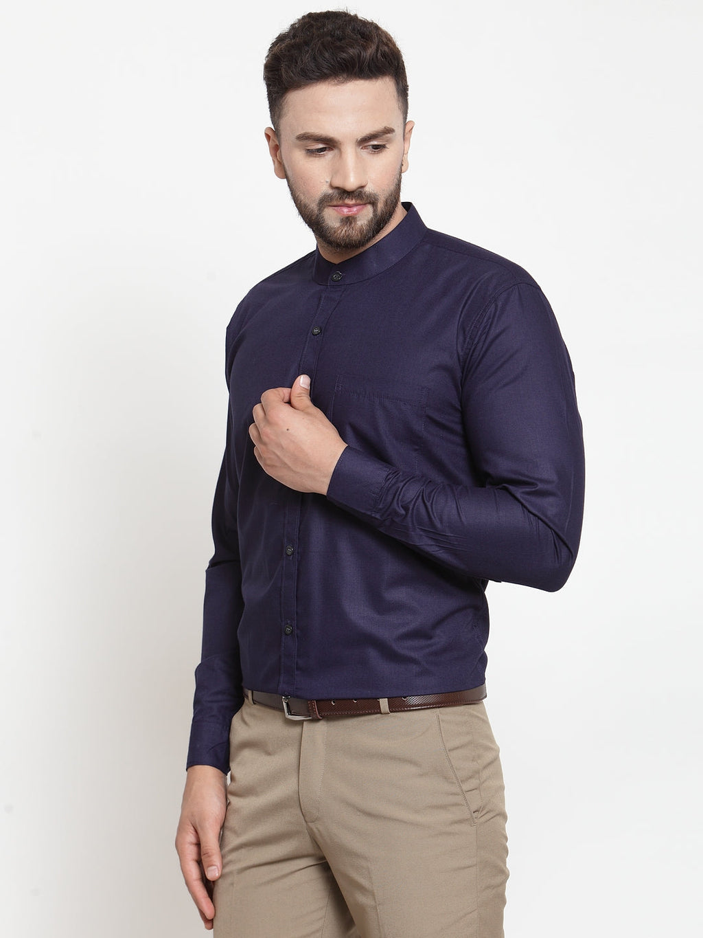 Jainish Navy Men's Cotton Solid Mandarin Collar Formal Shirts ( SF 726Navy ) - Distacart