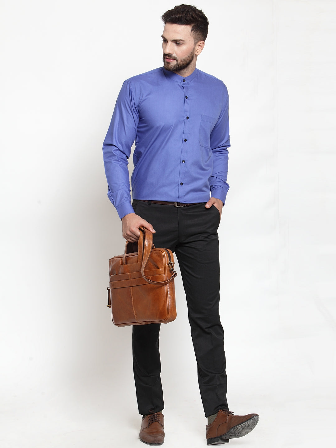 Jainish Blue Men's Cotton Solid Mandarin Collar Formal Shirts ( SF 726Royal-Blue ) - Distacart