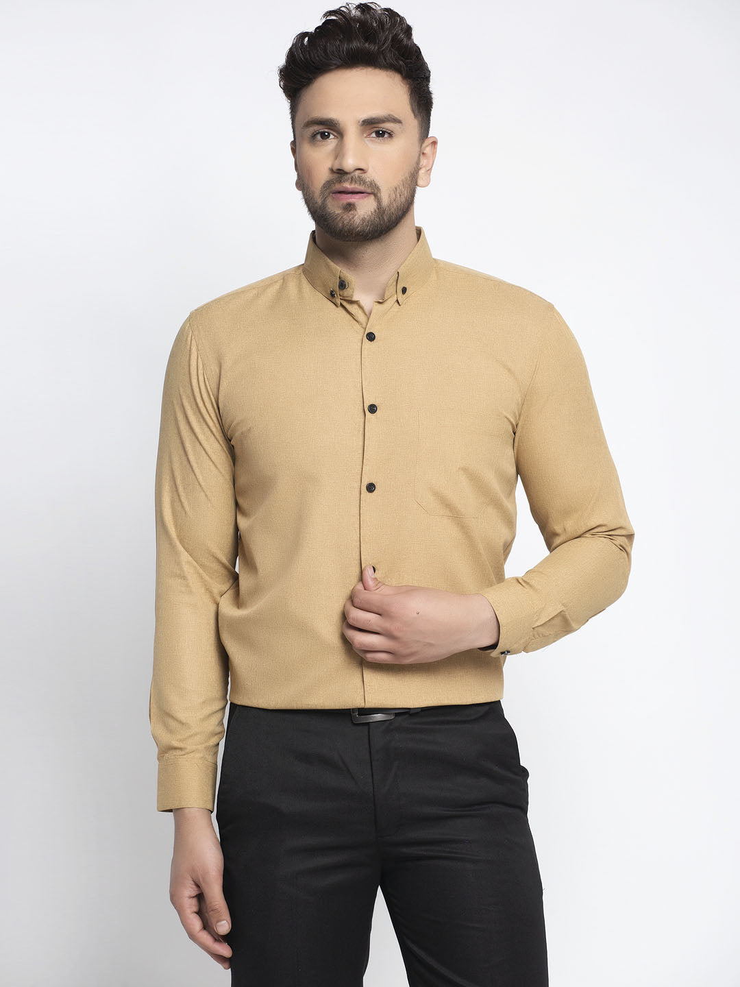 Jainish Beige Men's Cotton Solid Button Down Formal Shirts ( SF 734Beige ) - Distacart