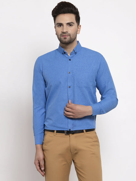 Jainish Blue Men's Cotton Solid Button Down Formal Shirts ( SF 734Blue )