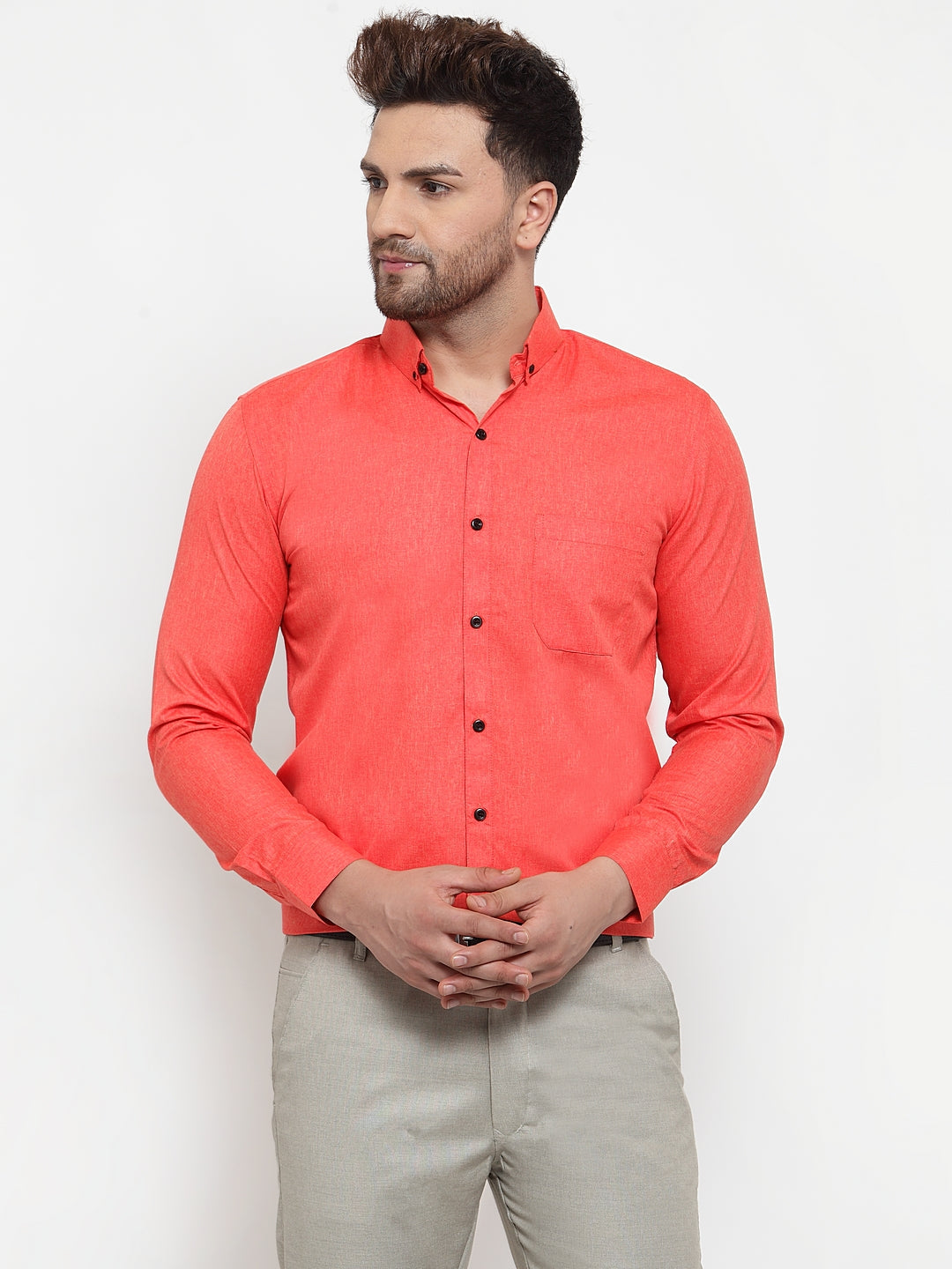 Jainish Orange Men's Cotton Solid Button Down Formal Shirts ( SF 734Orange ) - Distacart