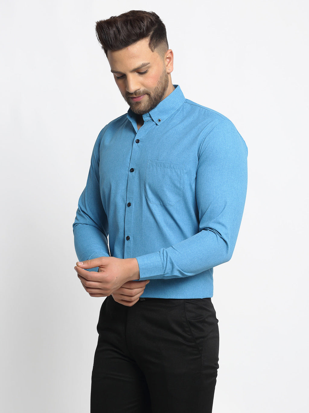 Jainish Blue Men's Cotton Solid Button Down Formal Shirts ( SF 734Sky ) - Distacart