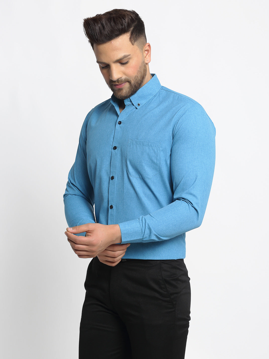 Jainish Blue Men's Cotton Solid Button Down Formal Shirts ( SF 734Sky ) - Distacart