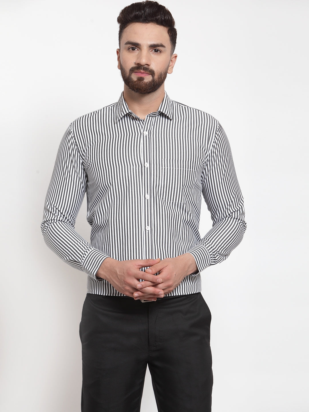 Jainish Black Men's Cotton Striped Formal Shirts ( SF 735Black ) - Distacart