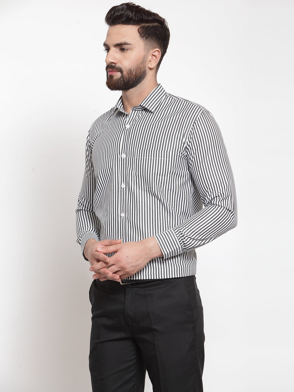 Jainish Black Men's Cotton Striped Formal Shirts ( SF 735Black ) - Distacart