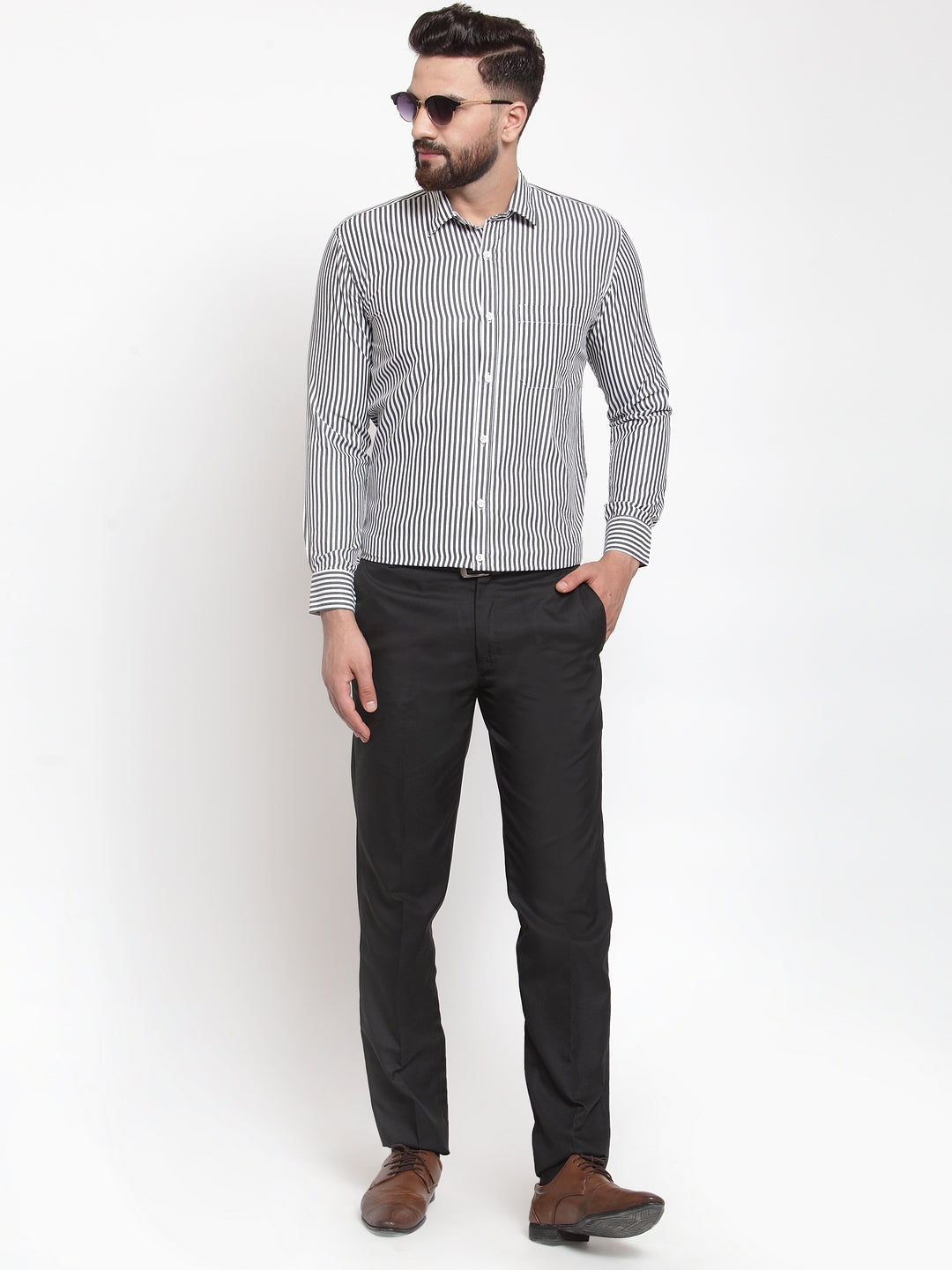 Jainish Black Men's Cotton Striped Formal Shirts ( SF 735Black ) - Distacart
