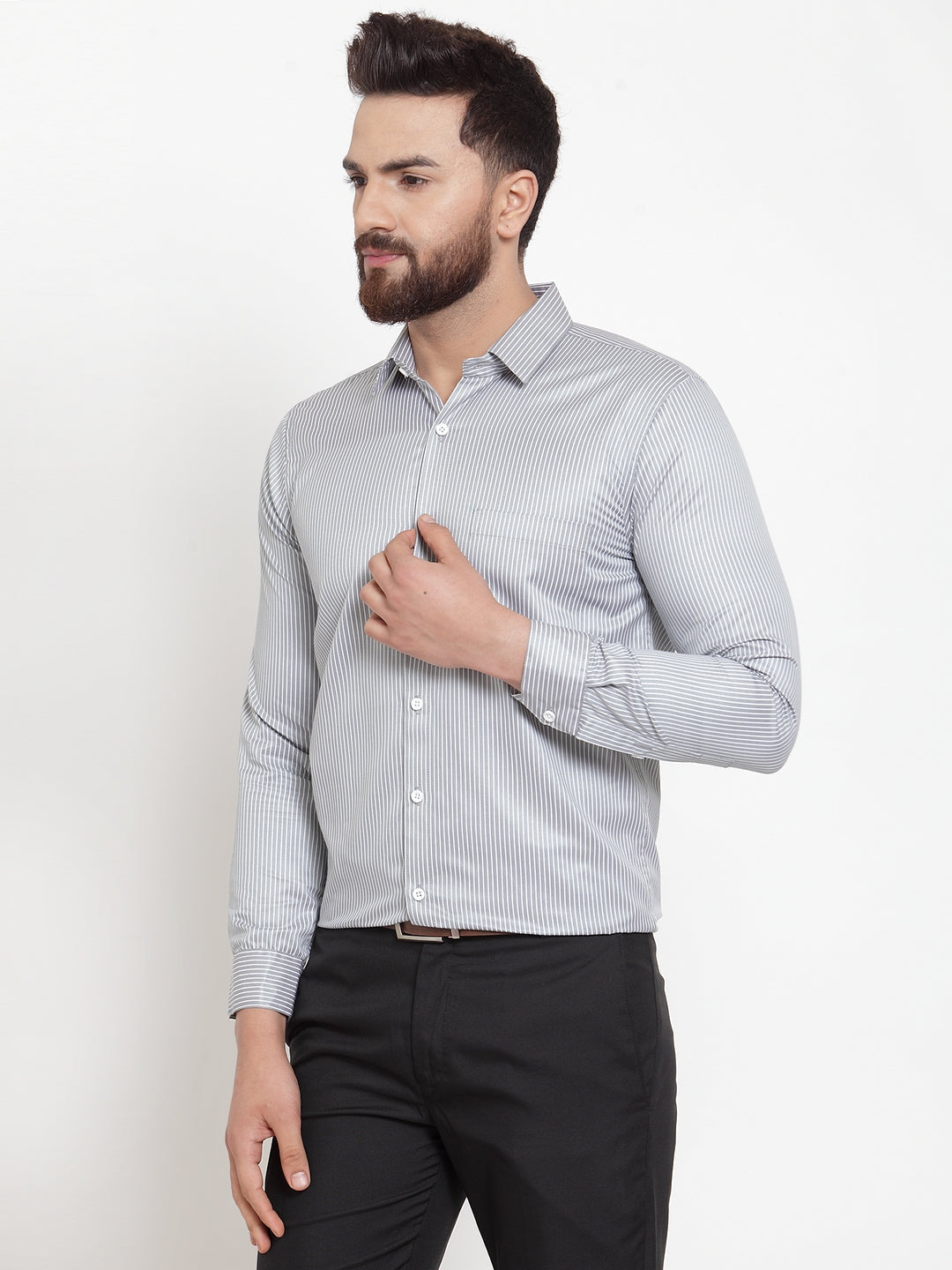Jainish Grey Men's Cotton Stiped Formal Shirts ( SF 737Grey ) - Distacart