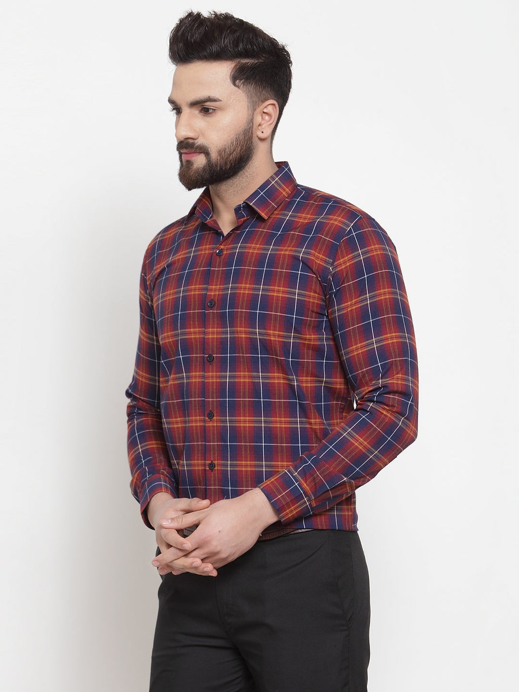 Jainish Multi Men's Cotton Checked Formal Shirts ( SF 741Blue-Red ) - Distacart